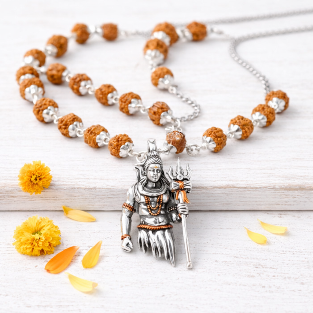 Lord Shiva Pendant Silver Plated Rudraksha Mala