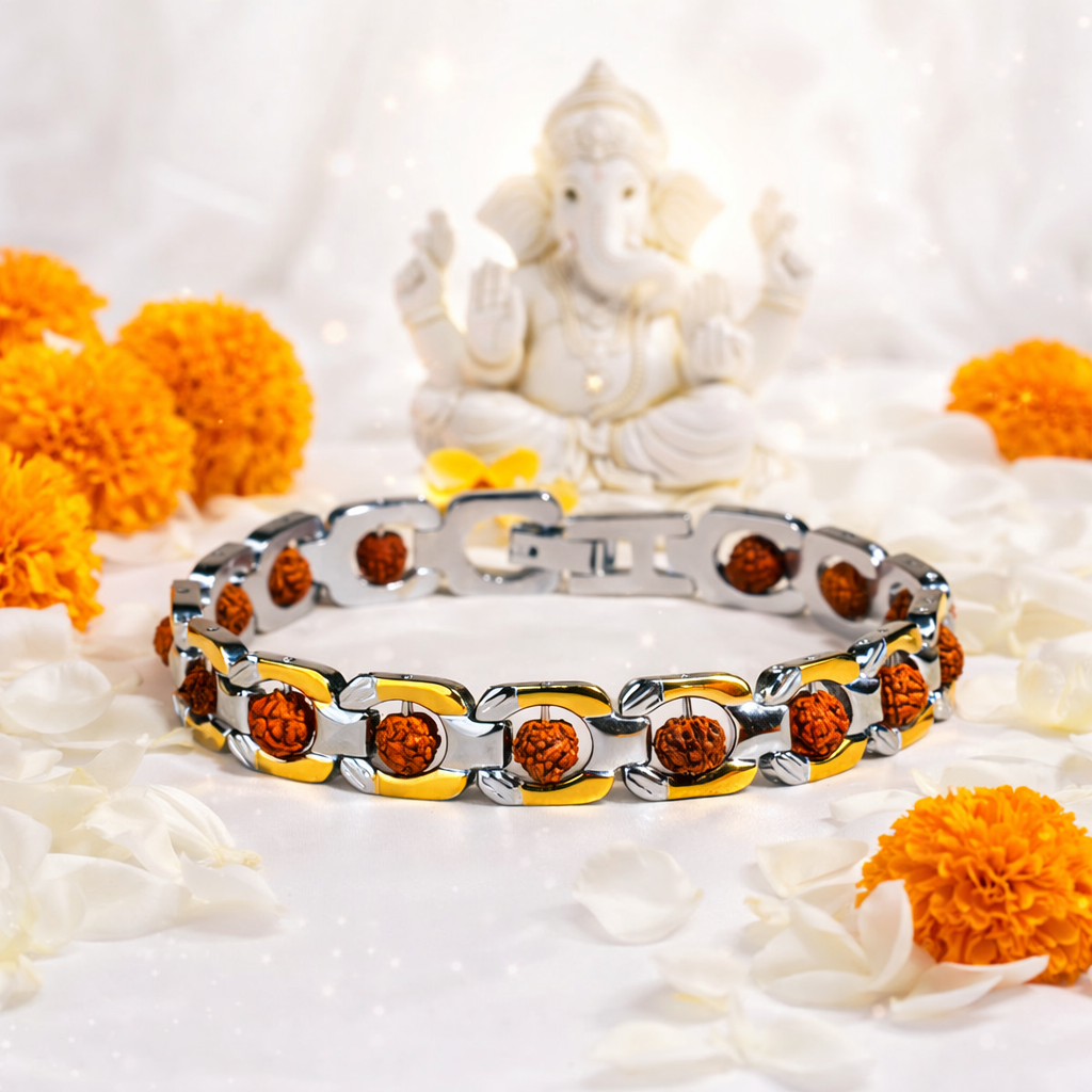 Duotone Round Rudraksha Bracelet Silver and Gold Plating