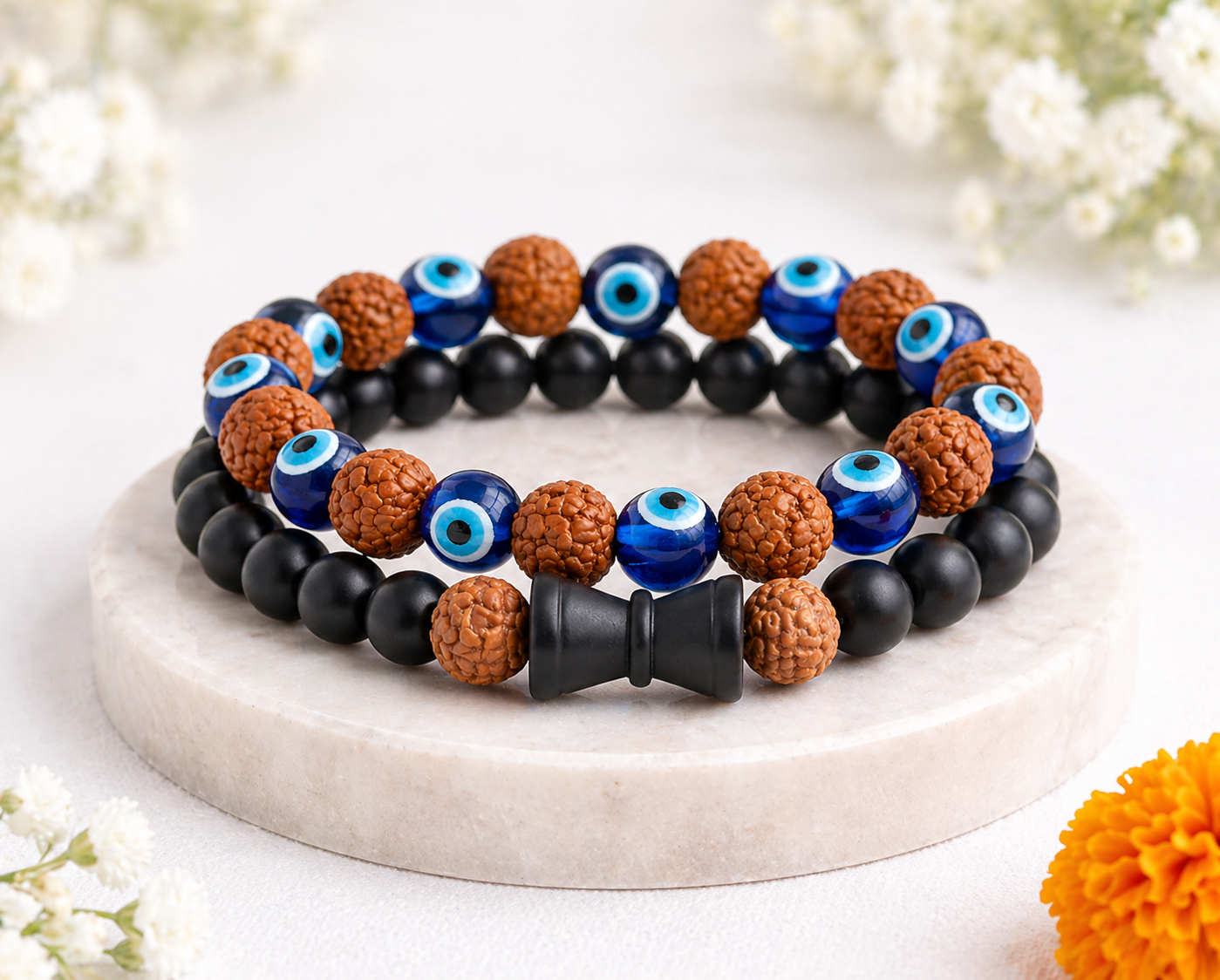 Karungali Damru + Evil Eye Rudraksha Bracelet Combo