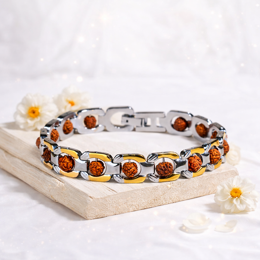 Duotone Round Rudraksha Bracelet Silver and Gold Plating